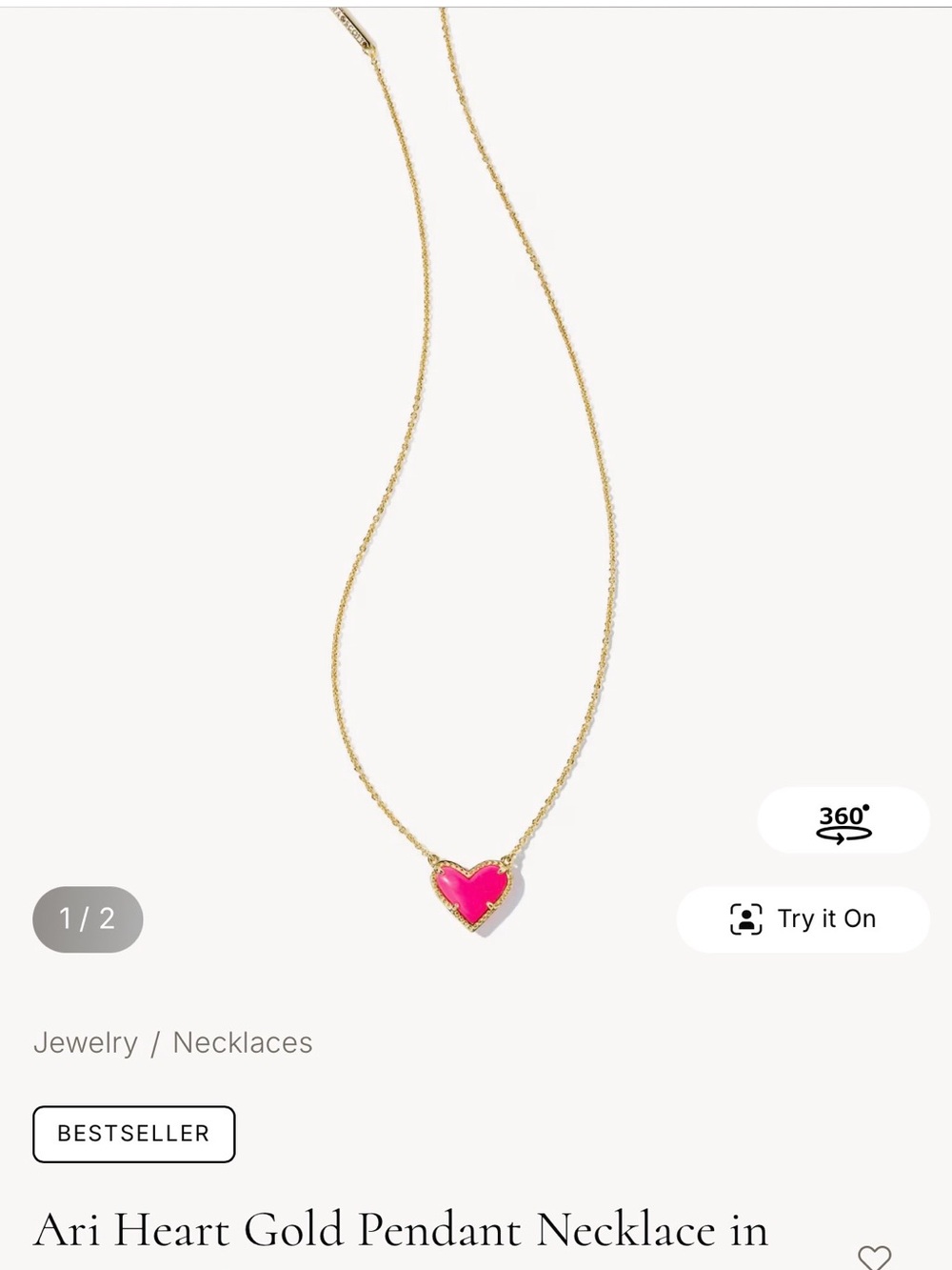 Kendra Scott Ari Pink Heart Necklace - Gold Chain - Picture 3 of 3